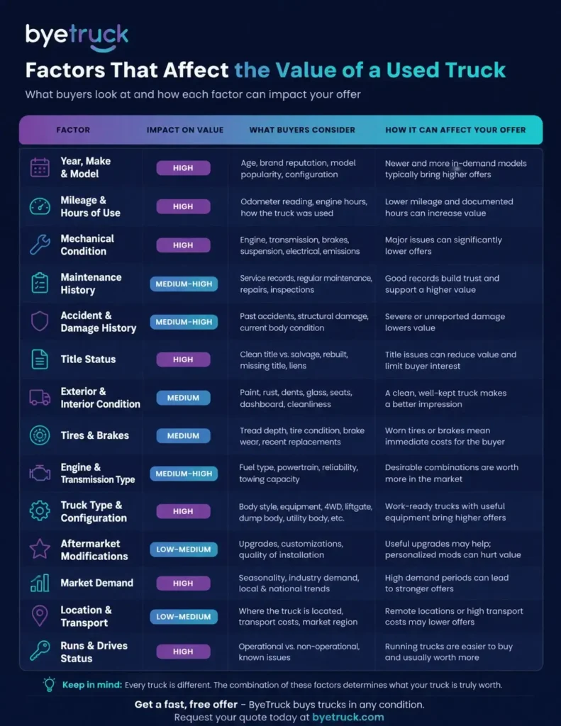 infographic illustrating the factors affecting the value of a used truck including age mileage and condition
